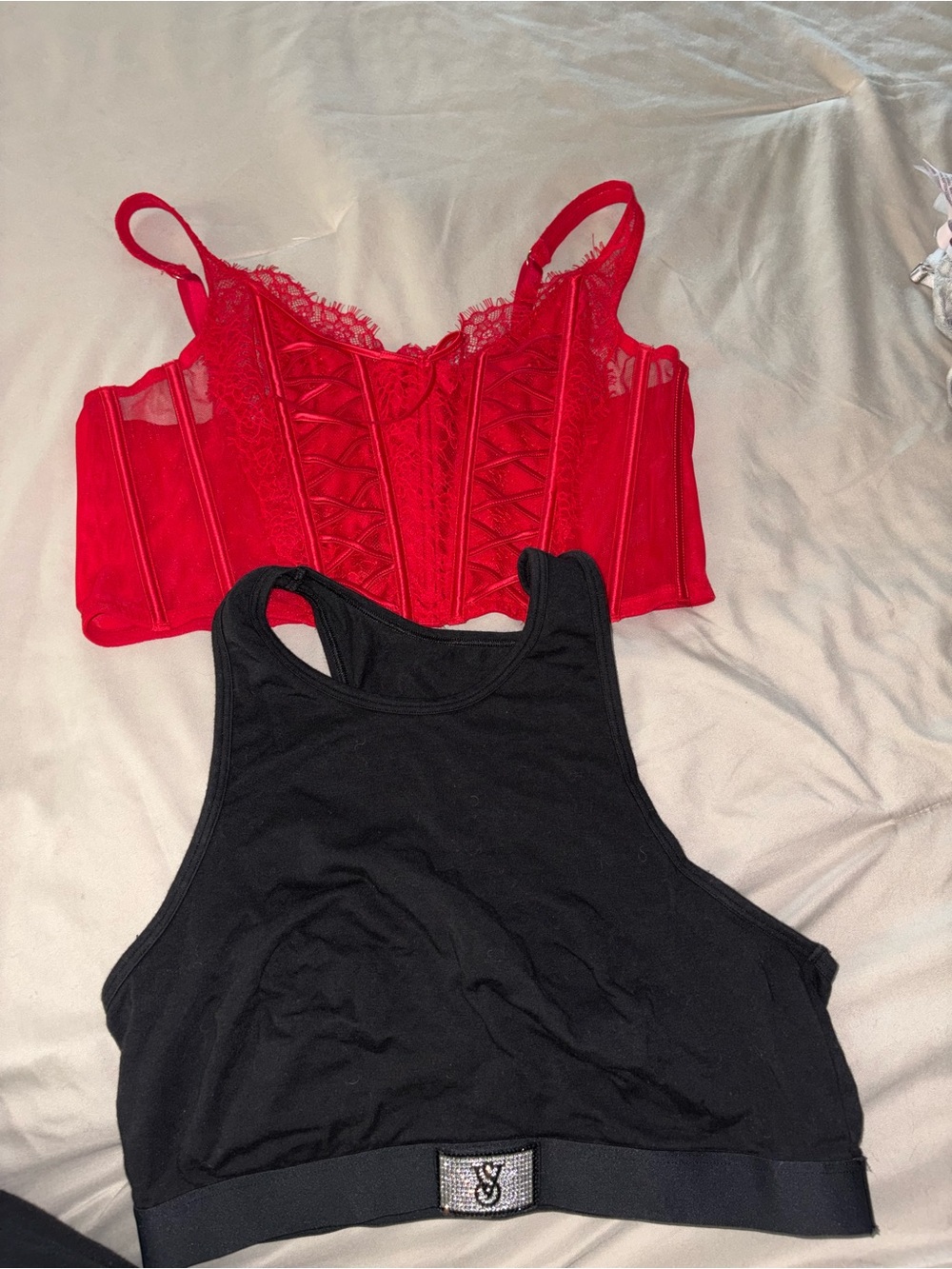 Victorias Secret Red Lace Corset & Black Racerback Bralette Set